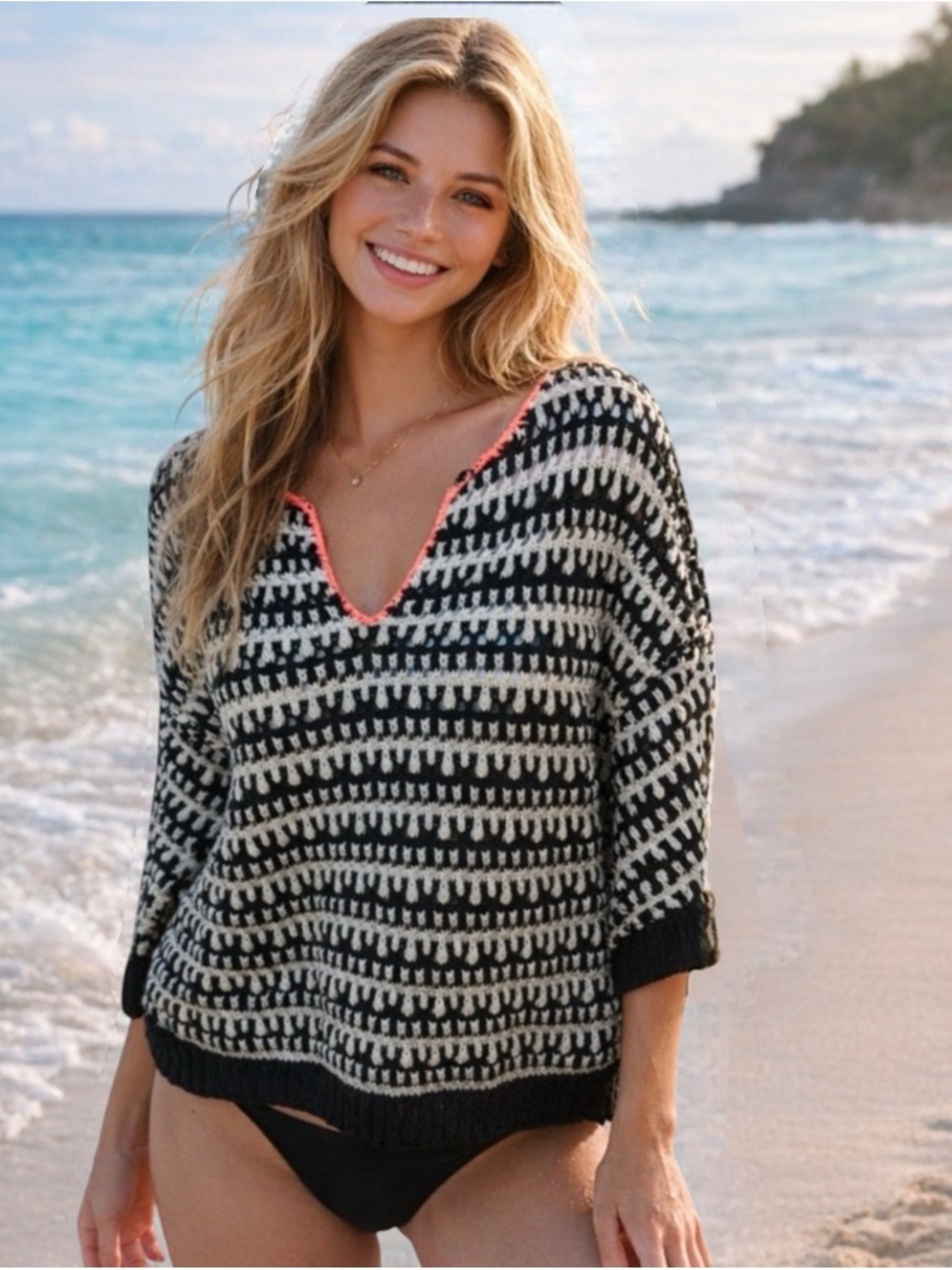 Victoria’s Secret Coverup Cropped Swim Black White Crochet Sweater XS S